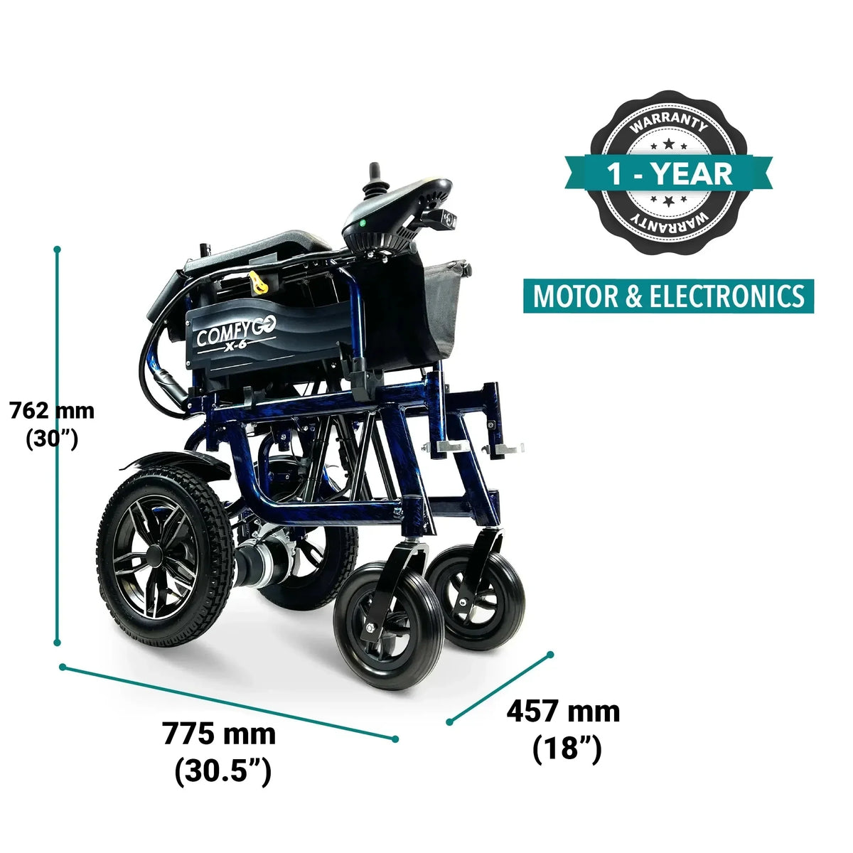 Električna invalidska kolica ComfyGo X-6 plave boje s prikazom dimenzija i jamstva na bijeloj