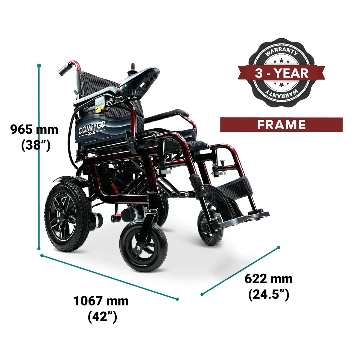 Električna invalidska kolica ComfyGo X-6 tamnocrveni okvir s prikazom dimenzija i jamstvom