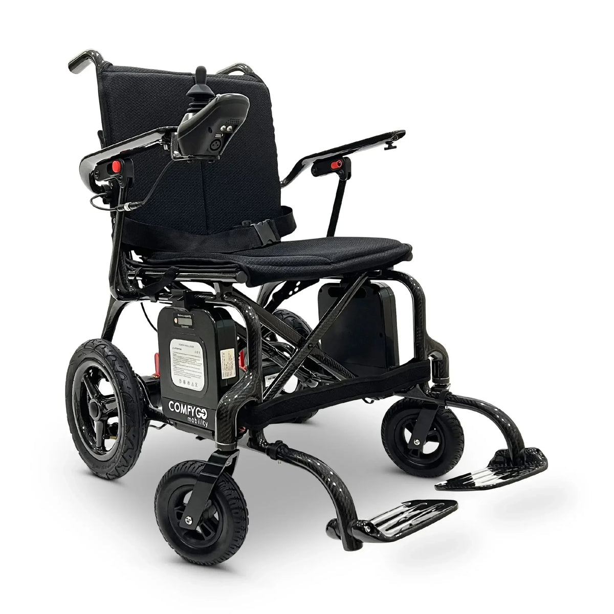 Električna invalidska kolica ComfyGo Phoenix Carbon Fiber crne boje, pogled s prednje strane