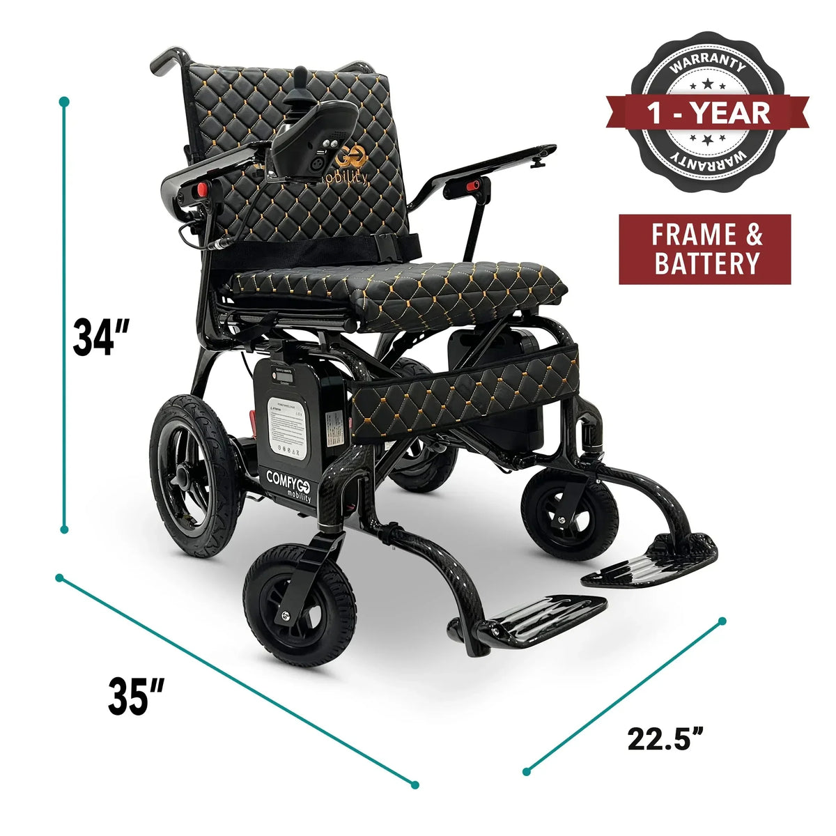 Električna invalidska kolica ComfyGO Phoenix Carbon Fiber s prikazom dimenzija i jamstvom