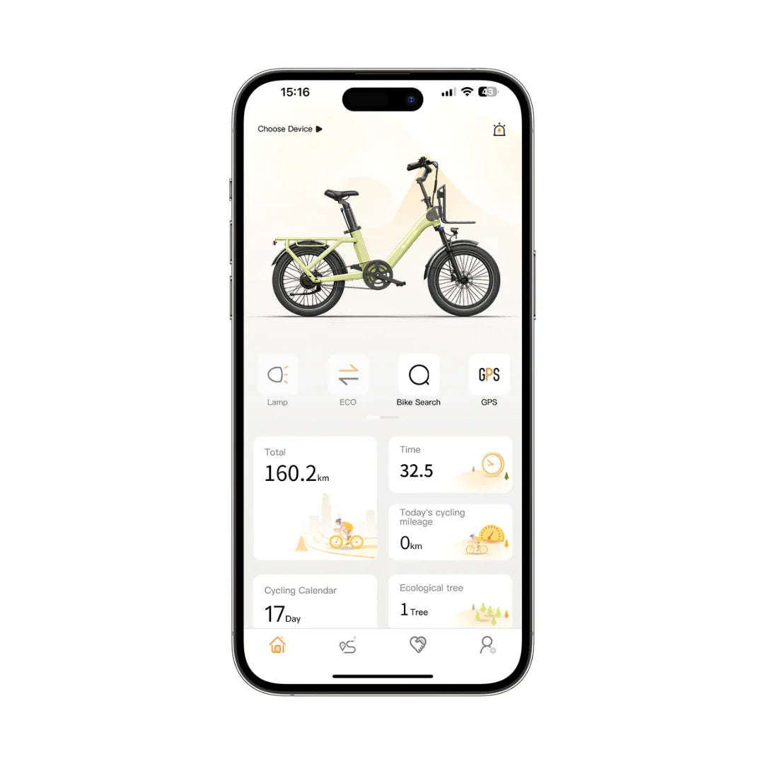 Zaslon pametnog telefona s prikazom mobilne aplikacije za sivi električni bicikl ADO Air One PRO