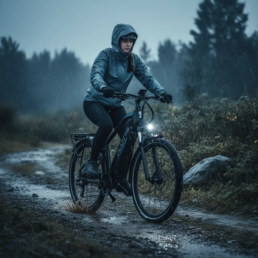 Žena vozi crni električni bicikl Duotts C29 Max po kiši na blatnjavoj stazi