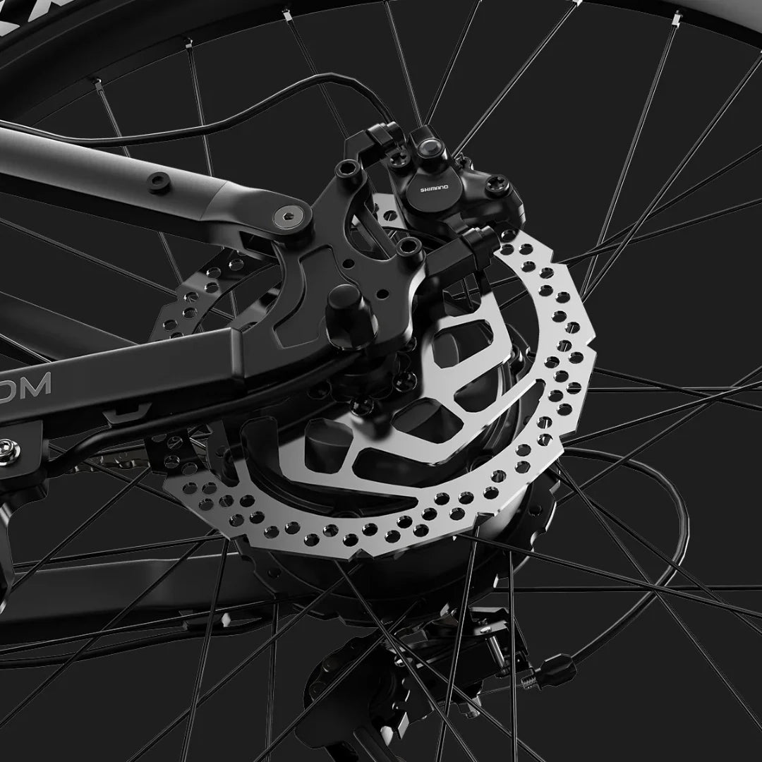 Krupni plan stražnje disk kočnice Shimano na crnom električnom biciklu Duotts E29