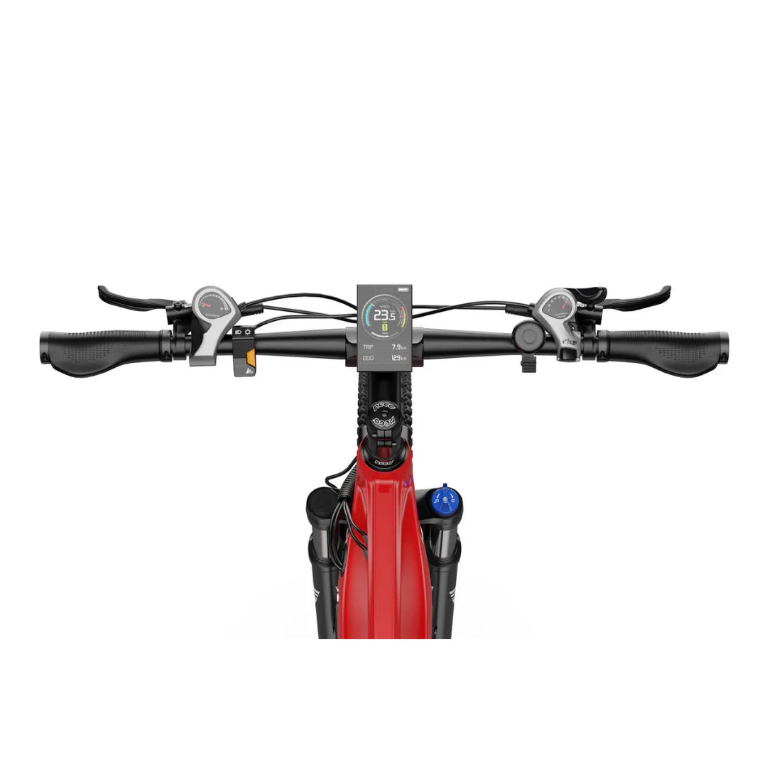 Upravljač električnog bicikla Duotts E29 s LCD zaslonom i detaljima opreme crvene boje