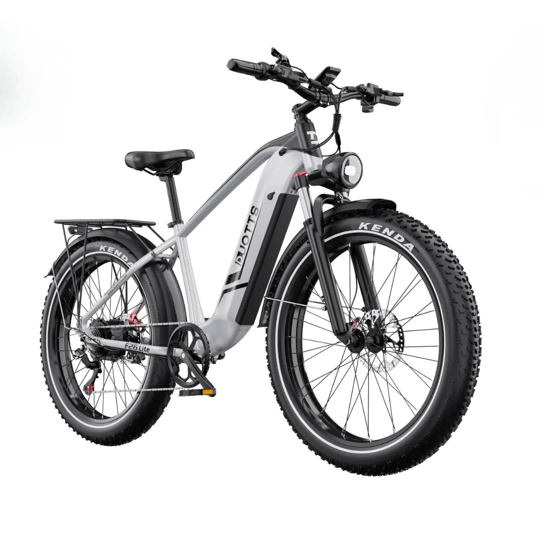 Električni bicikl Duotts F26 Lite sivi, pogled s boka na fat bike s debelim gumama i prtljažnikom
