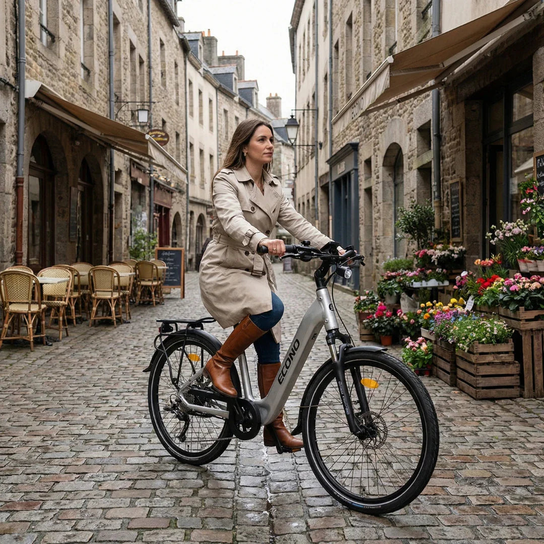 Žena vozi srebrni električni bicikl Econo Apes City EER4 2026 kroz kamenu gradsku ulicu