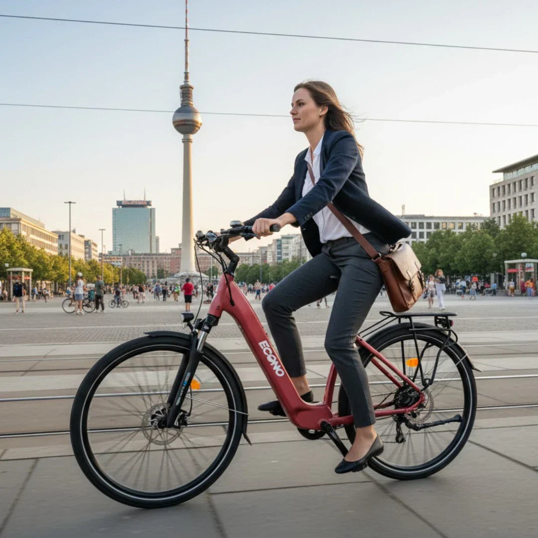 Žena vozi crveni električni bicikl Econo Apes EER4 gradom u profilu