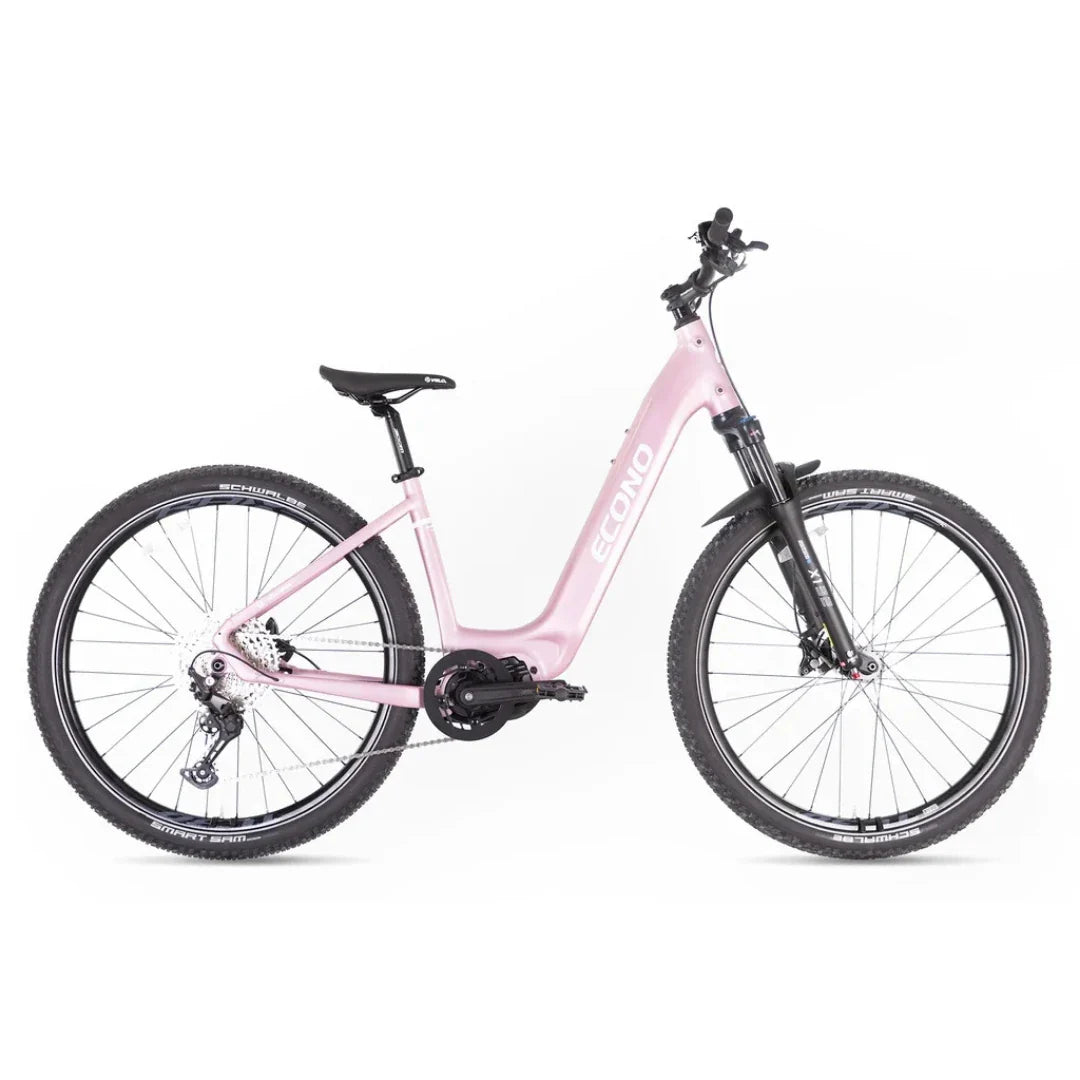 Električni bicikl Econo Gams MTB 29, bočni pogled na ženski model u ružičastoj boji