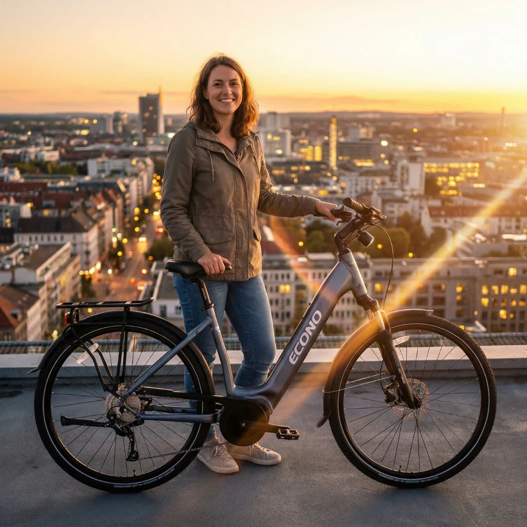 Žena stoji pored sivog električnog bicikla Econo Mare City EEC4 2026 s pogledom na grad pri zalasku