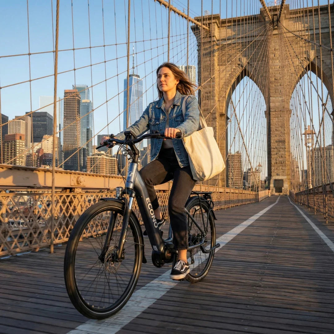 Žena vozi sivi električni bicikl Econo Mare City EEC4 2026 na Brooklyn mostu po sunčanom danu