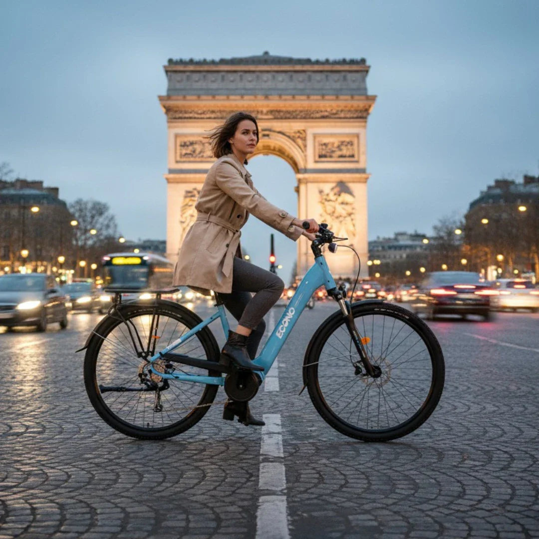 Žena vozi svijetloplavi električni bicikl Econo Mare City ispred Slavoluka pobjede u Parizu