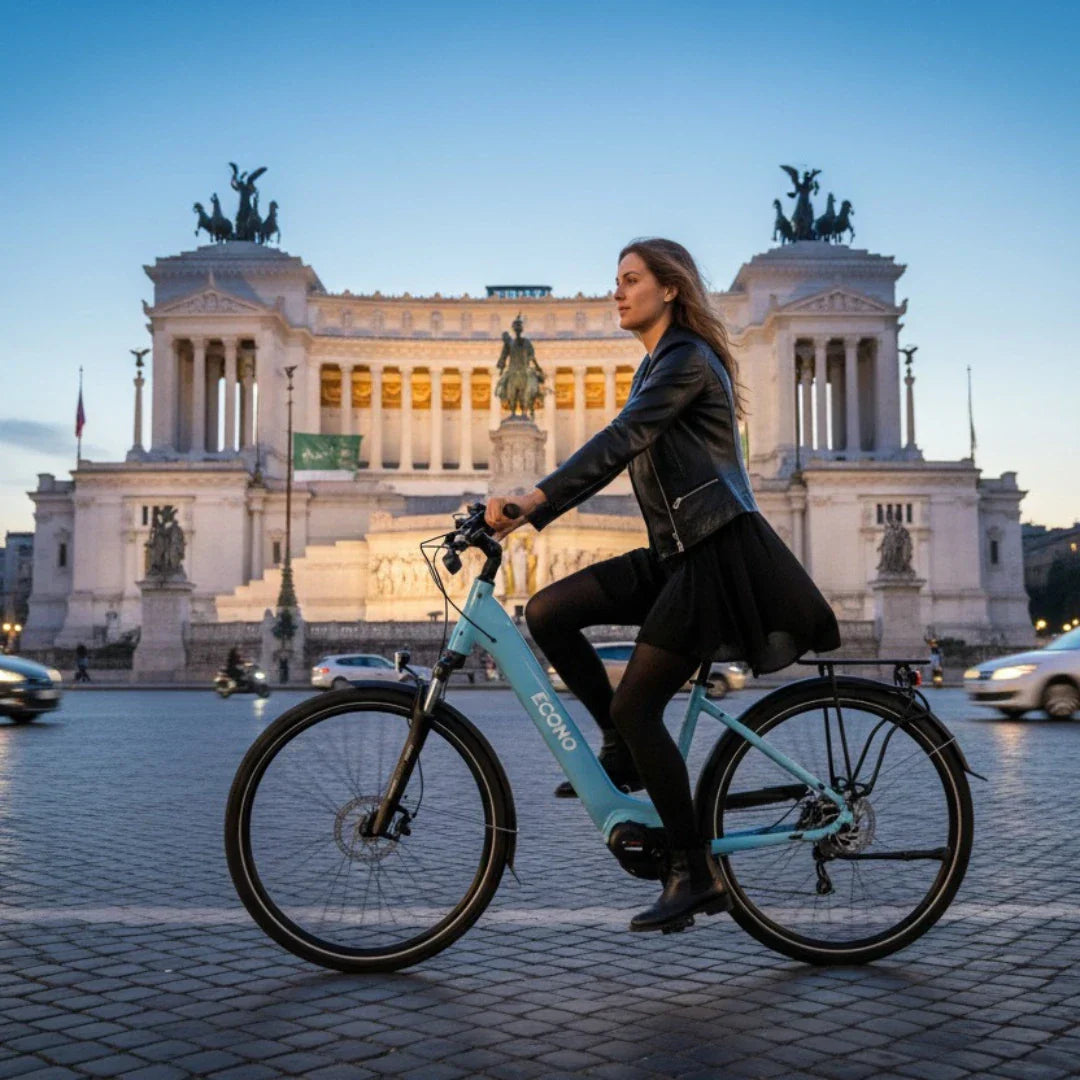 Žena vozi svijetloplavi električni bicikl Econo Mare City ispred povijesne zgrade u Rimu