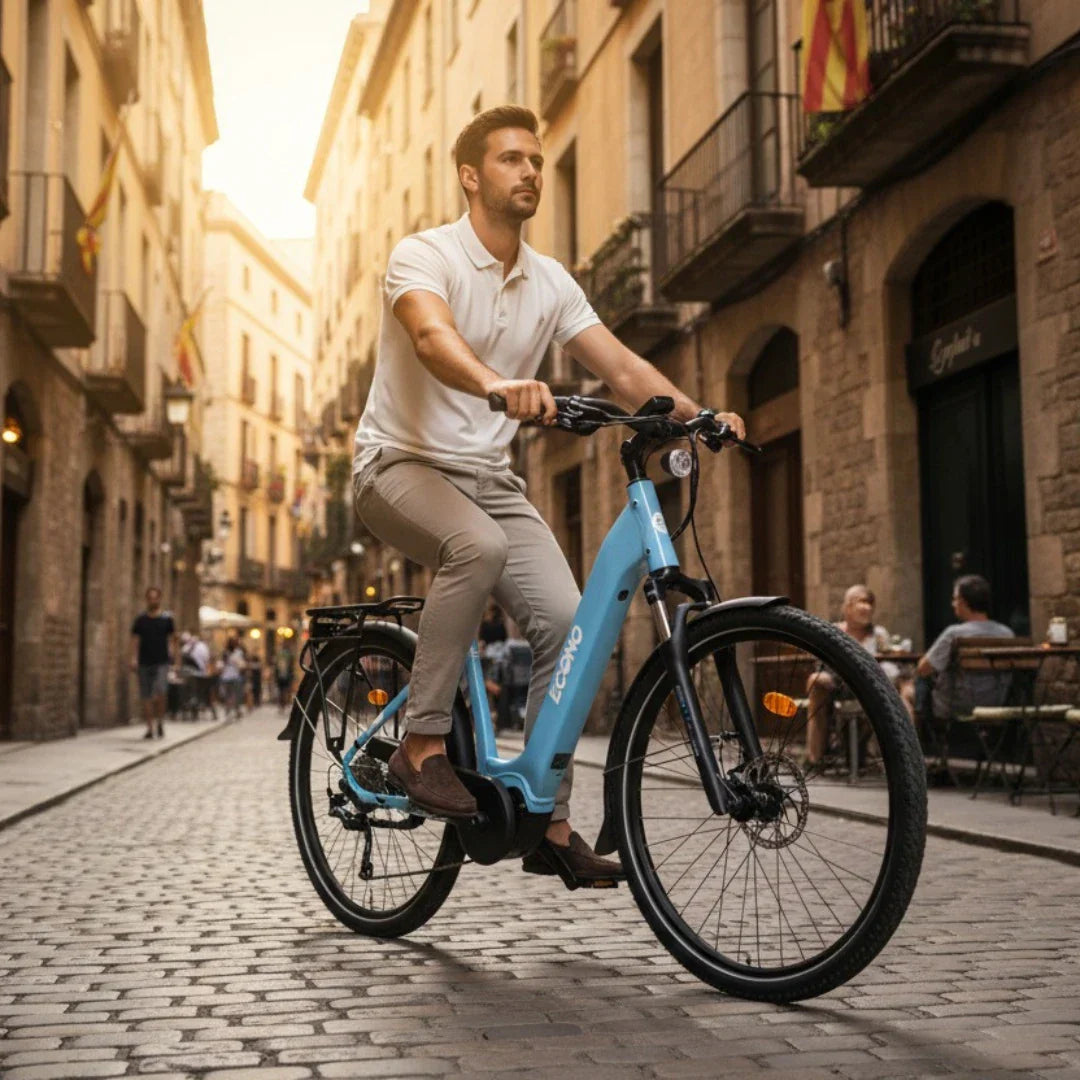 Muškarac vozi svijetloplavi električni bicikl Econo Mare City kroz starogradsku ulicu