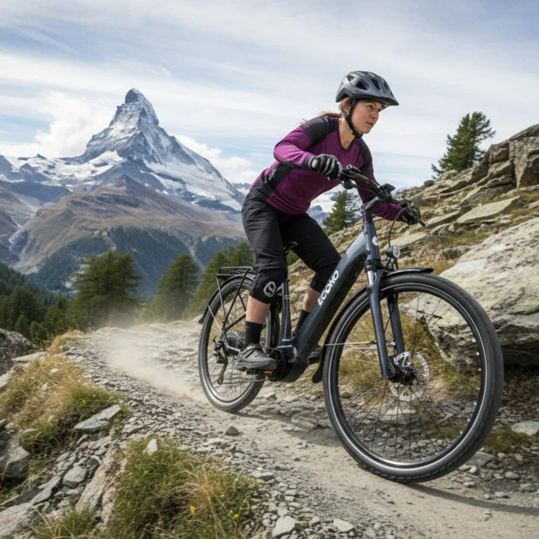 Žena vozi tamnosivi električni bicikl Econo Mare City na planinskoj stazi s pogledom na Matterhorn