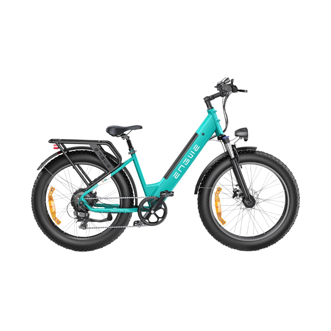 Električni bicikl Engwe E26 tirkizne boje bočni pogled na fat bike s nosačem tereta