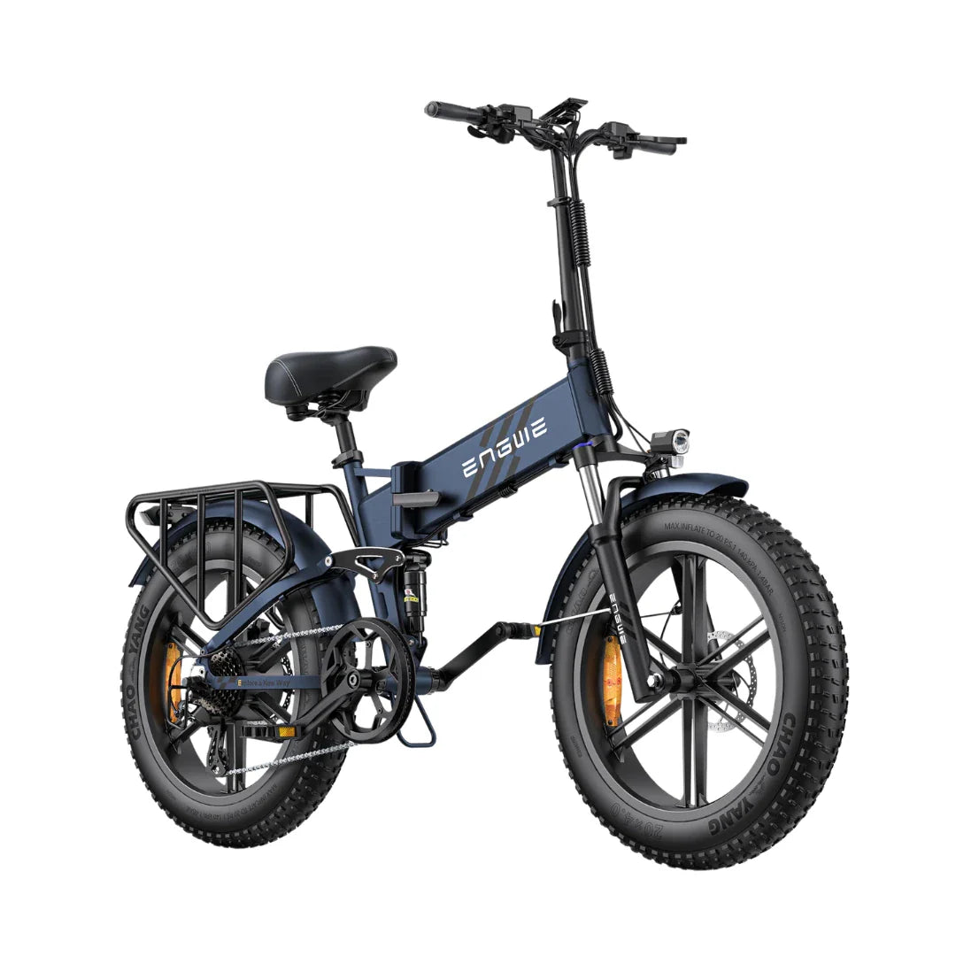Plavi električni bicikl Engwe Engine Pro 2.0 bočni pogled s debelim gumama i nosačem tereta
