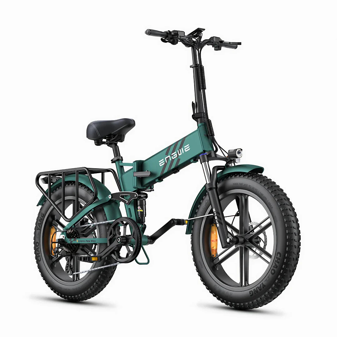 Zeleni električni bicikl Engwe Engine Pro 2.0, pogled s bočne strane na sklopivi okvir i fat gume