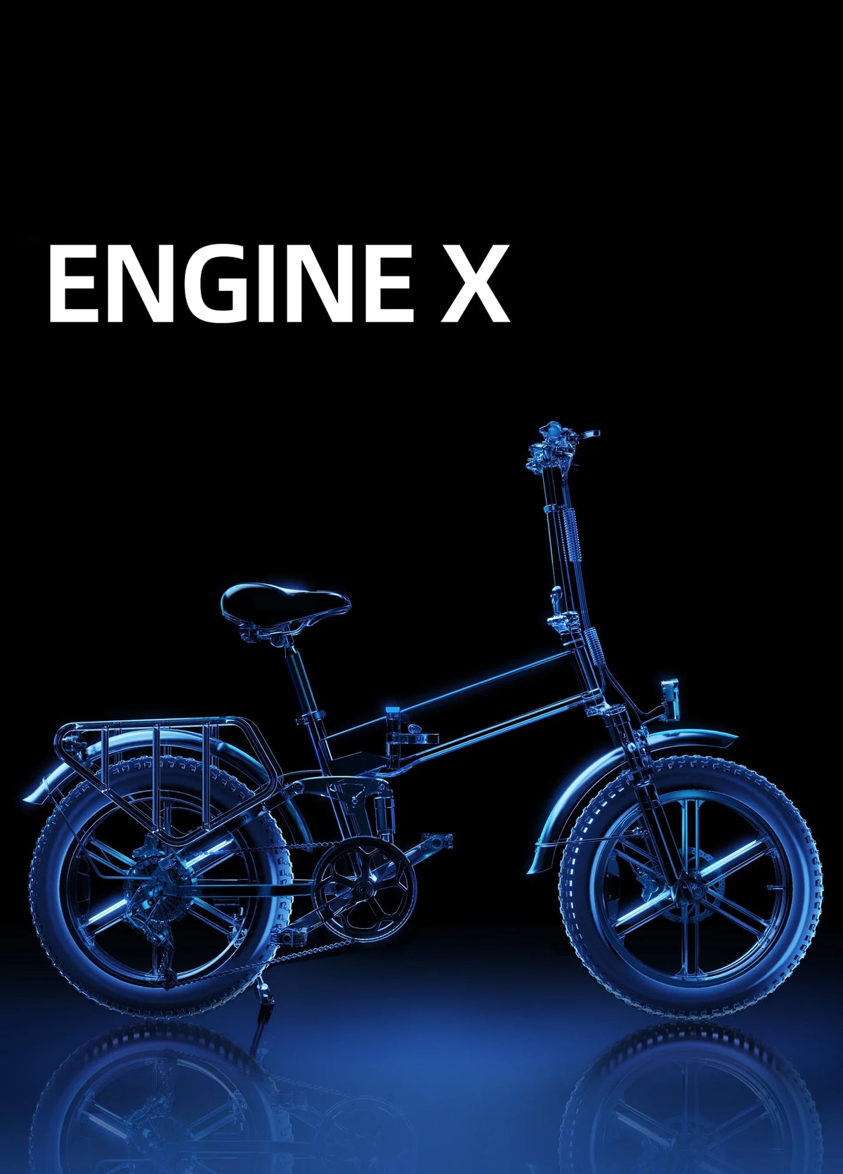 Električni bicikl Engwe Engine X prikazan u plavom rendgen stilu na crnoj podlozi
