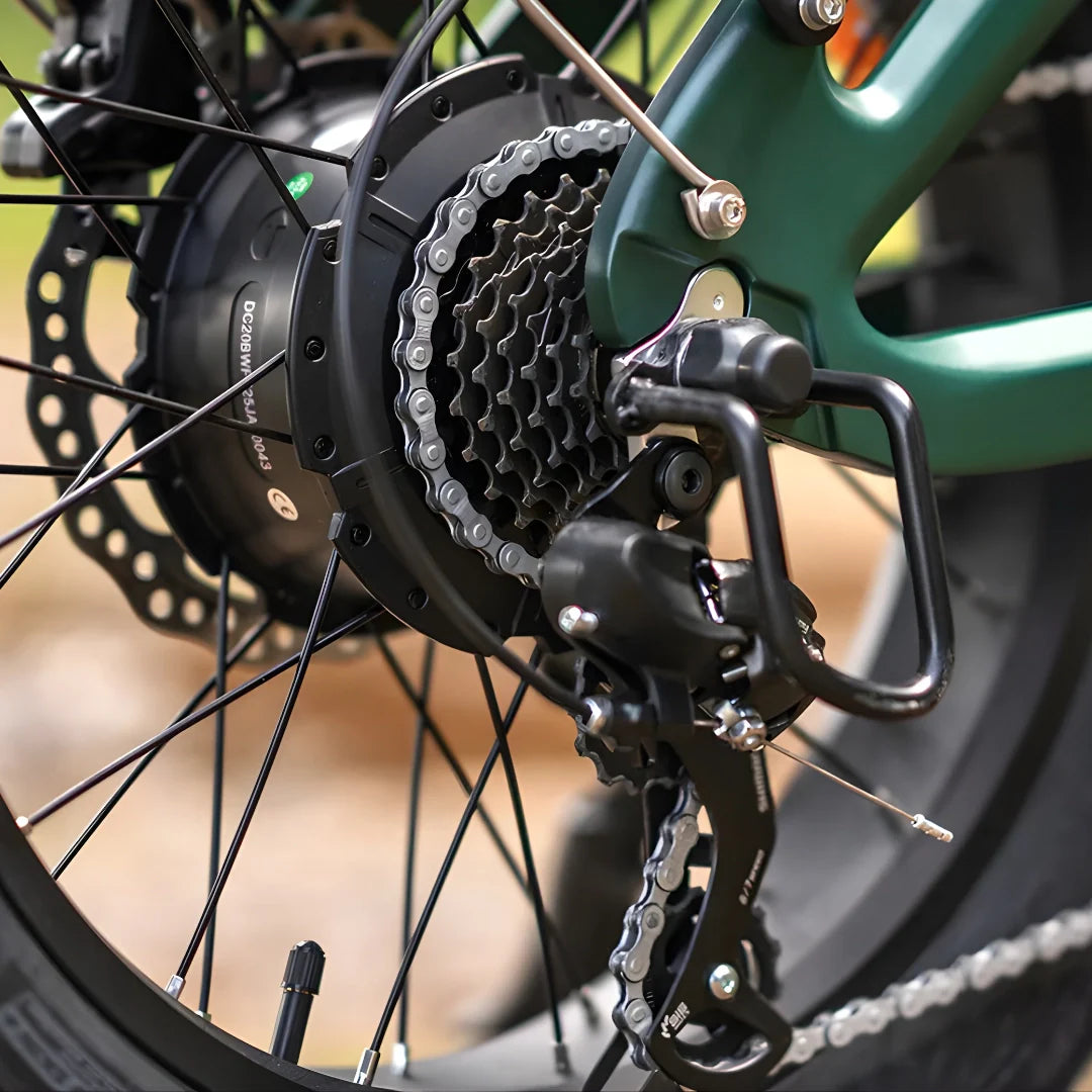 Detaljan prikaz stražnjeg mjenjača i motora električnog bicikla Engwe EP-2 3.0 Boost na zelenom