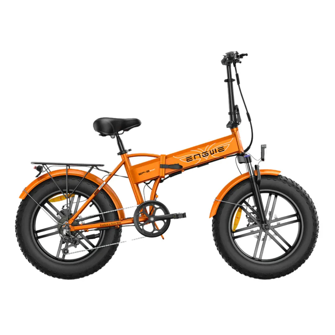 Narančasti električni sklopivi bicikl Engwe EP-2 Boost, bočni pogled na fat bike na bijeloj podlozi