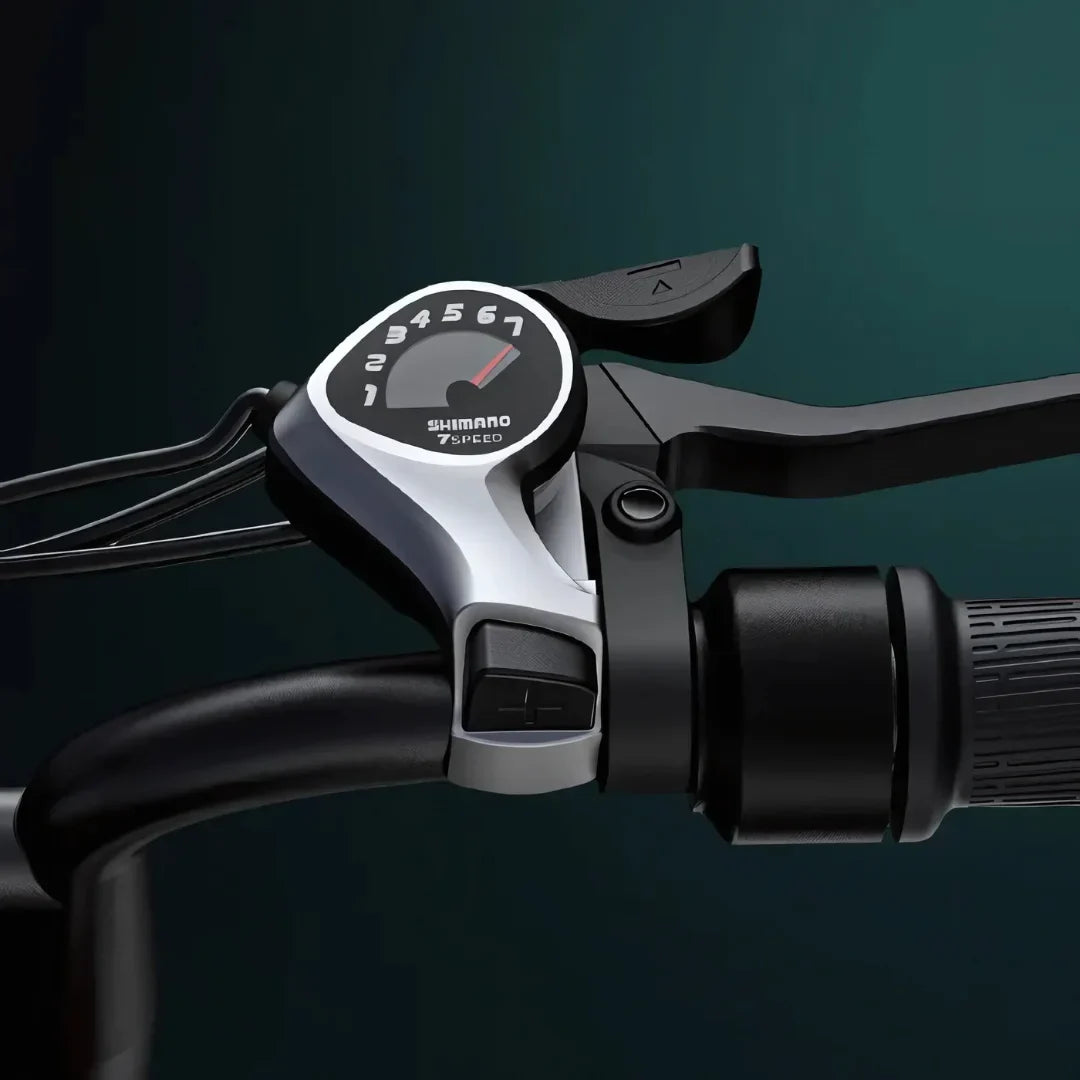 Shimano 7-stupanjski mjenjač brzina na upravljaču električnog bicikla Engwe M20, crno-srebrni detalj