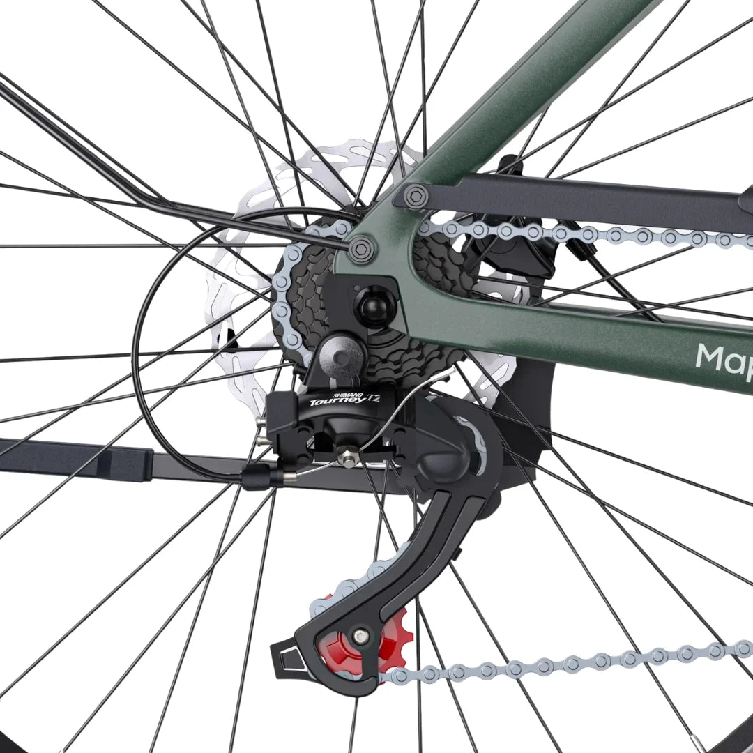 Stražnji mjenjač Shimano Tourney na električnom biciklu Engwe Mapfour N1 Air, zeleni okvir