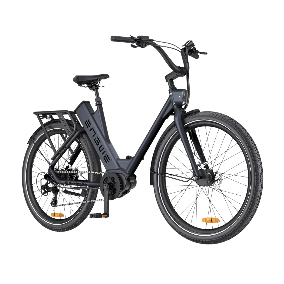 Crni električni bicikl Engwe P275 ST, bočni pogled na gradski e-bike s niskom ramom