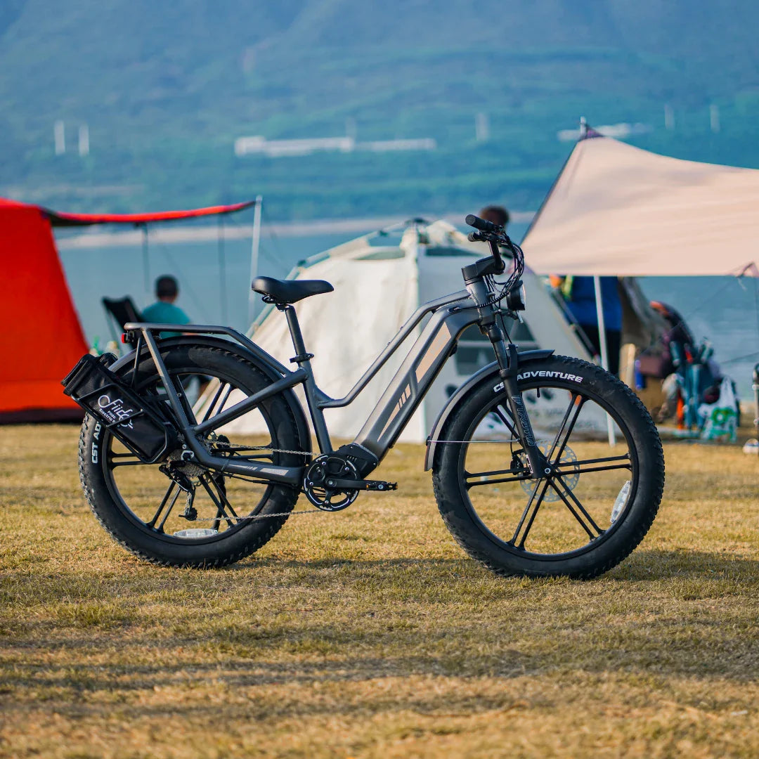 Sivi električni bicikl Fiido Titan na kampiranju, bočni pogled na fat bike model na otvorenom
