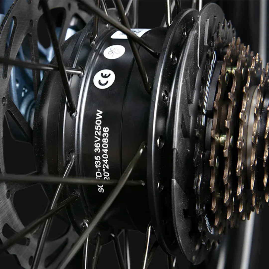 Detalj stražnjeg motora i Shimano kazete na električnom biciklu Jobobike Ace Pro