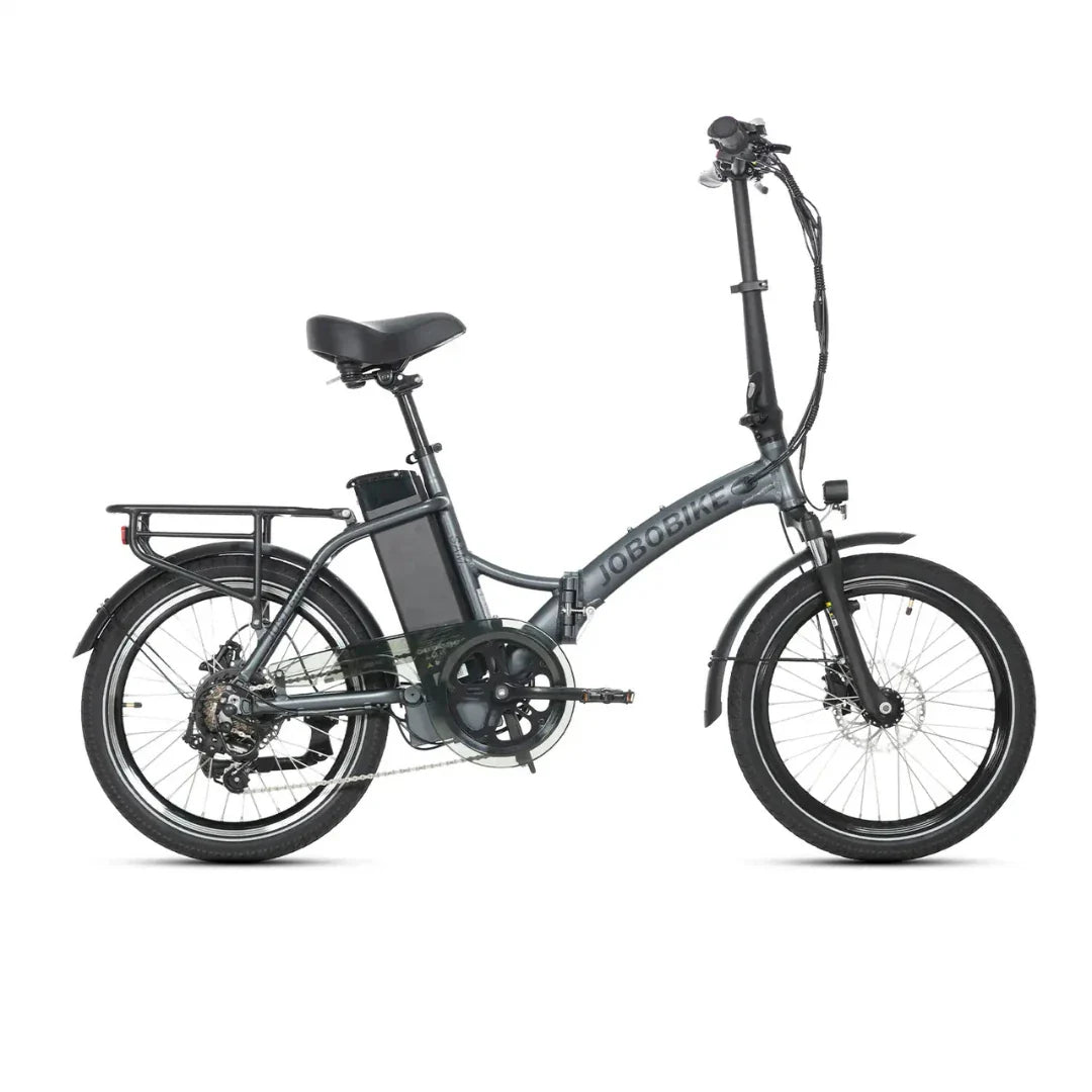 Sivi sklopivi električni bicikl Jobobike Sam, pogled sa strane na bijeloj pozadini