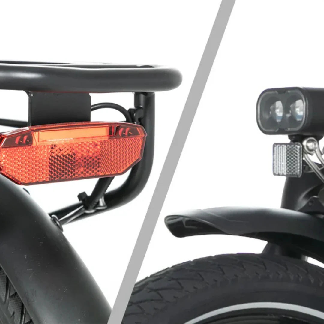 Detalj stražnjeg crvenog svjetla i prednjeg LED svjetla na električnom biciklu Jobobike Sam