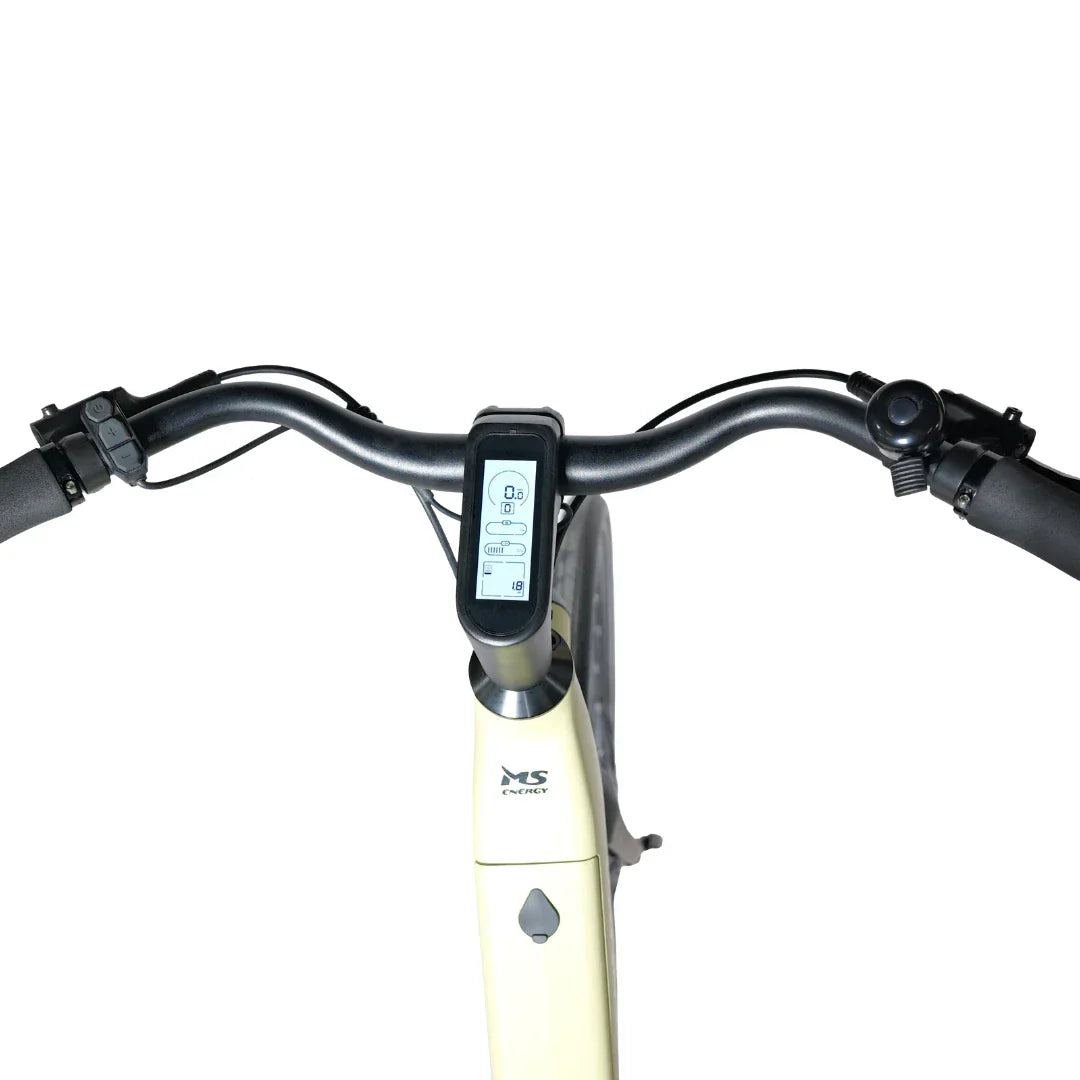 Upravljač i LCD zaslon električnog bicikla MS Energy c300 pogled odozgo na bež okvir