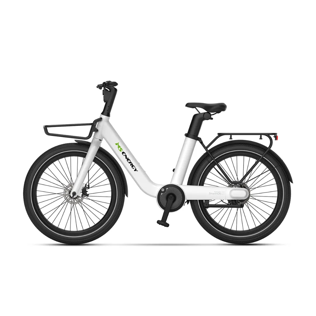 Bijeli električni bicikl MS Energy Cityzen C102 bočni pogled na gradski model s prtljažnikom