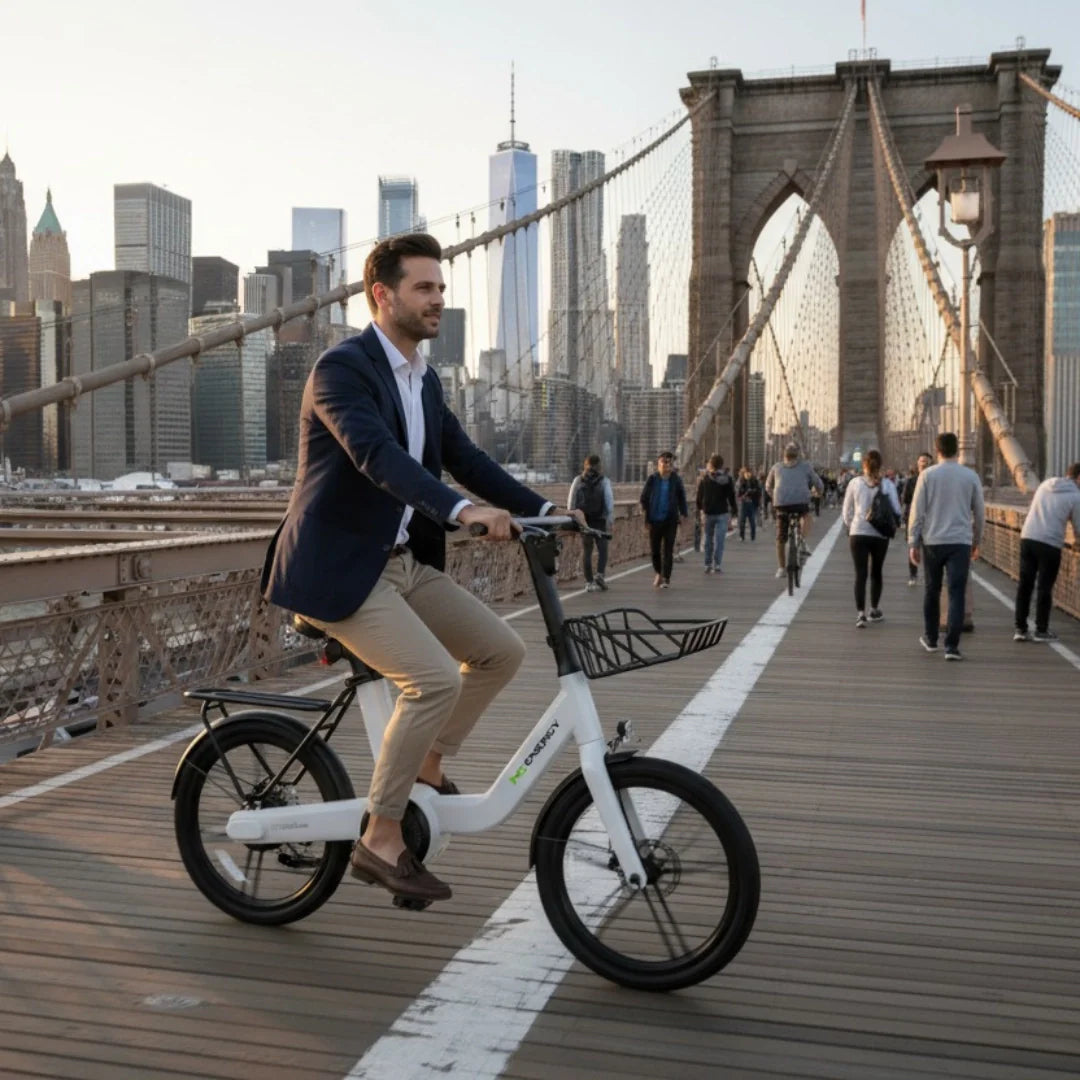 Bijeli električni bicikl MS Energy PulseUrban C20 s košarom u vožnji preko Brooklyn mosta