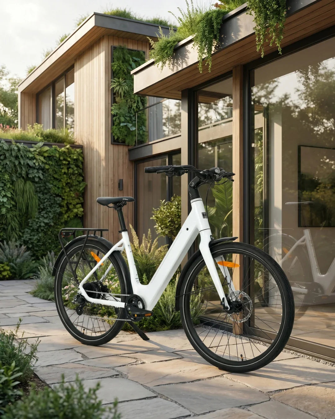Bijeli električni bicikl MS Energy Zorya parkiran ispred moderne kuće s vrtom, bočni pogled