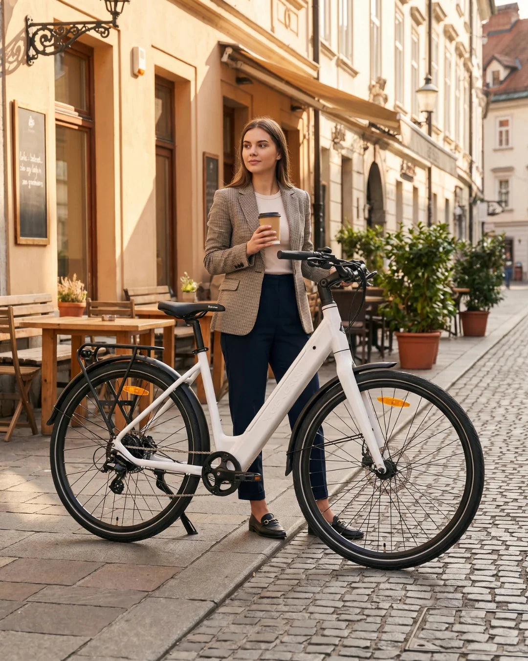 Bijeli električni bicikl MS Energy Zorya uz poslovnu ženu s kavom na gradskoj ulici