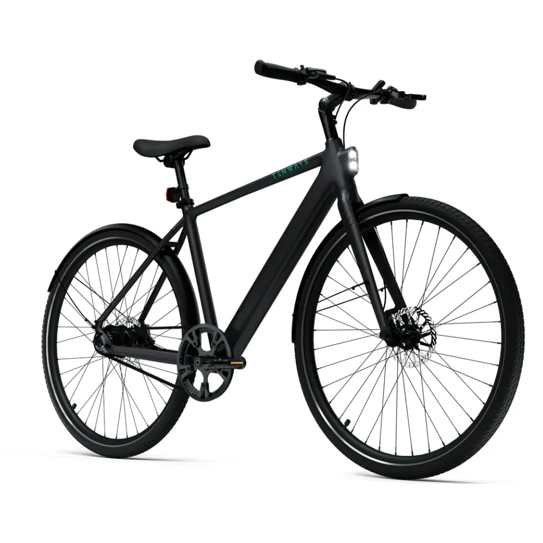 Crni električni bicikl Tenways CGO600 Pro Plus, bočni pogled na cestovni e-bike s integriranim
