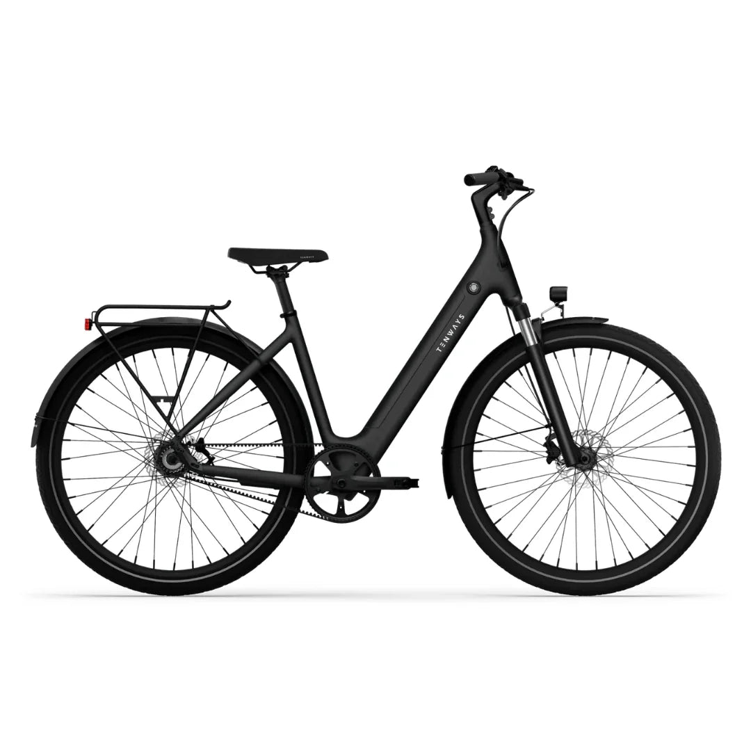 Crni električni bicikl Tenways CGO800S bočni pogled na gradski e-bike mat crne boje