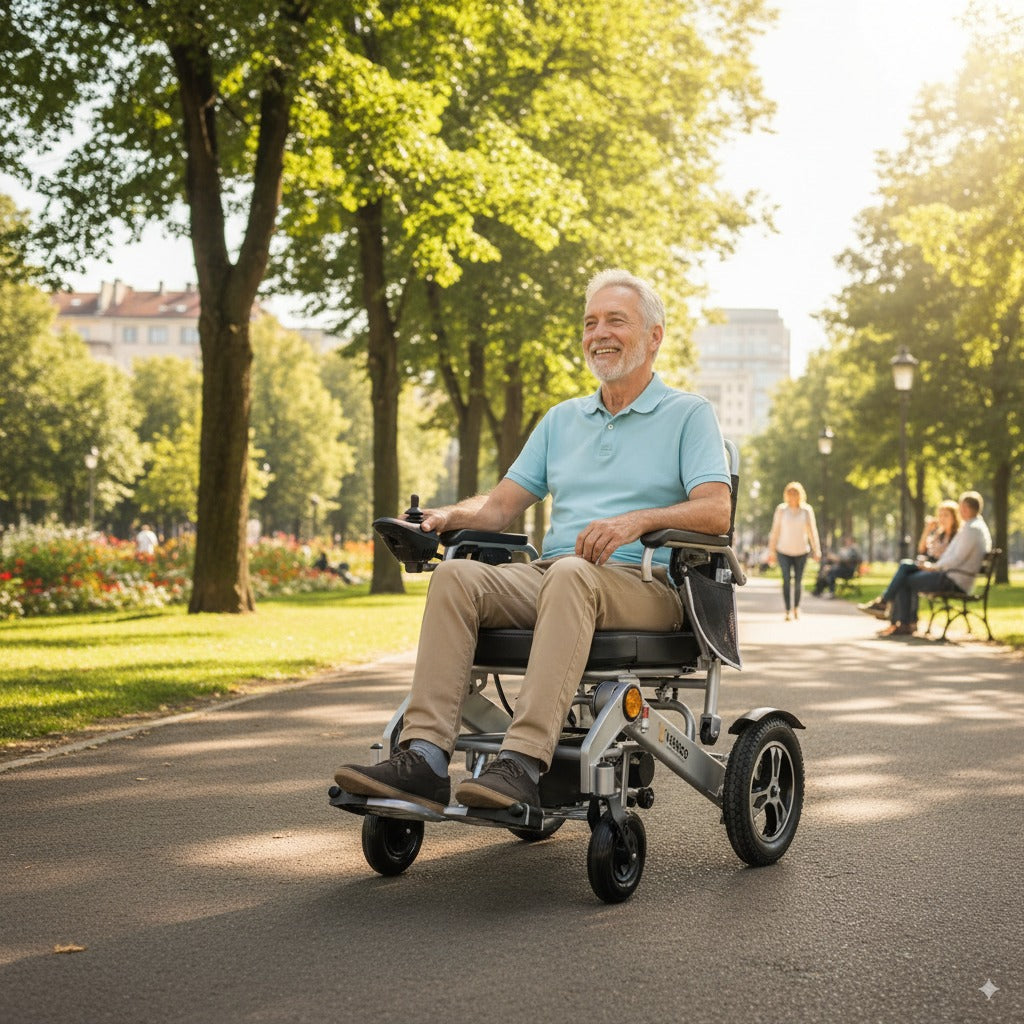 Srebrna električna invalidska kolica Veleco Cosmo s nasmijanim starijim muškarcem u parku