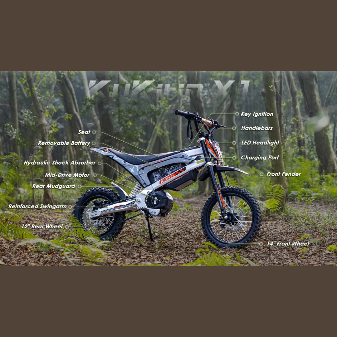 Električni kros motor KuKirin X1 s prikazanim tehničkim komponentama i dijelovima u šumi