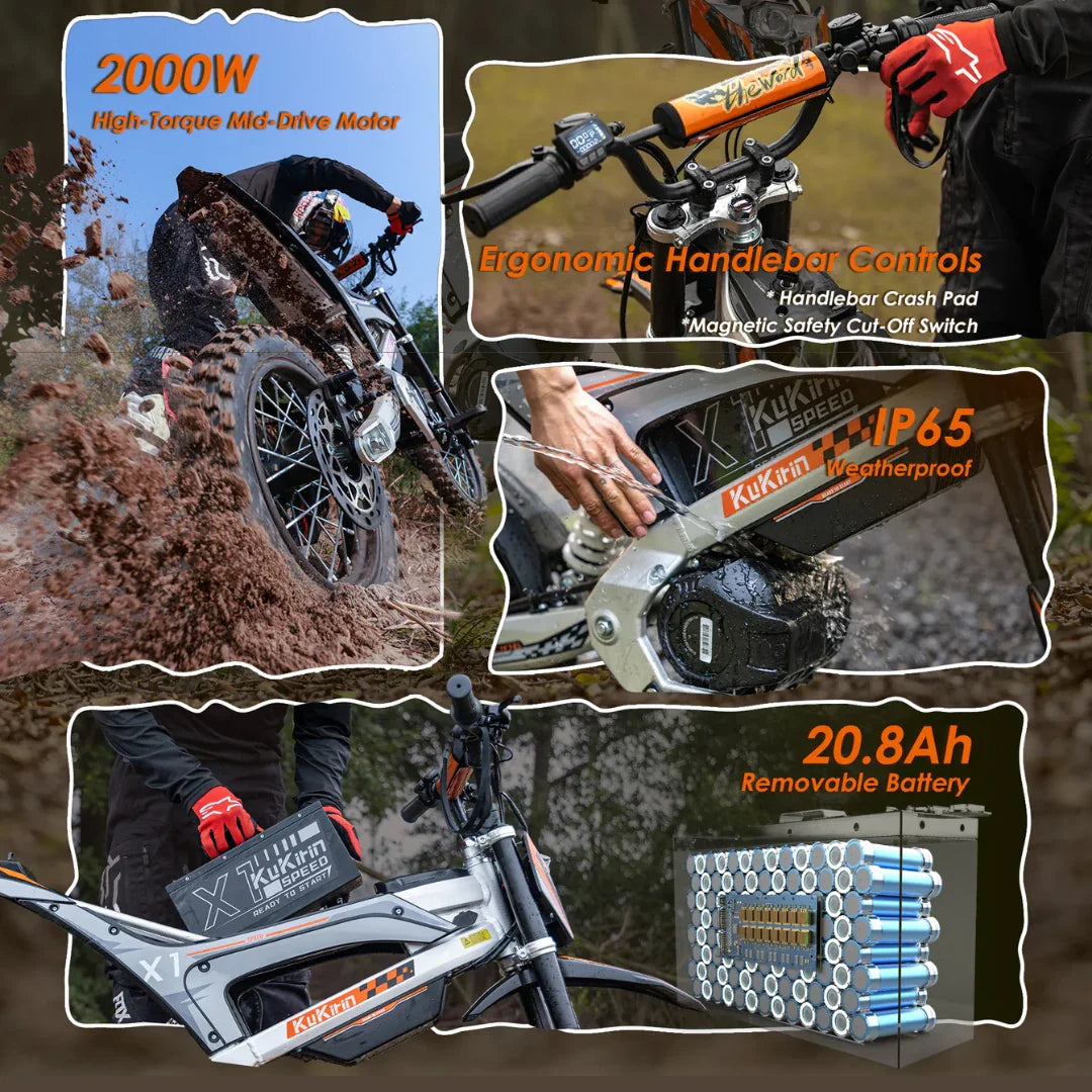 Električni kros motor KuKirin X1 s prikazom motora, upravljača, baterije i vodootpornosti