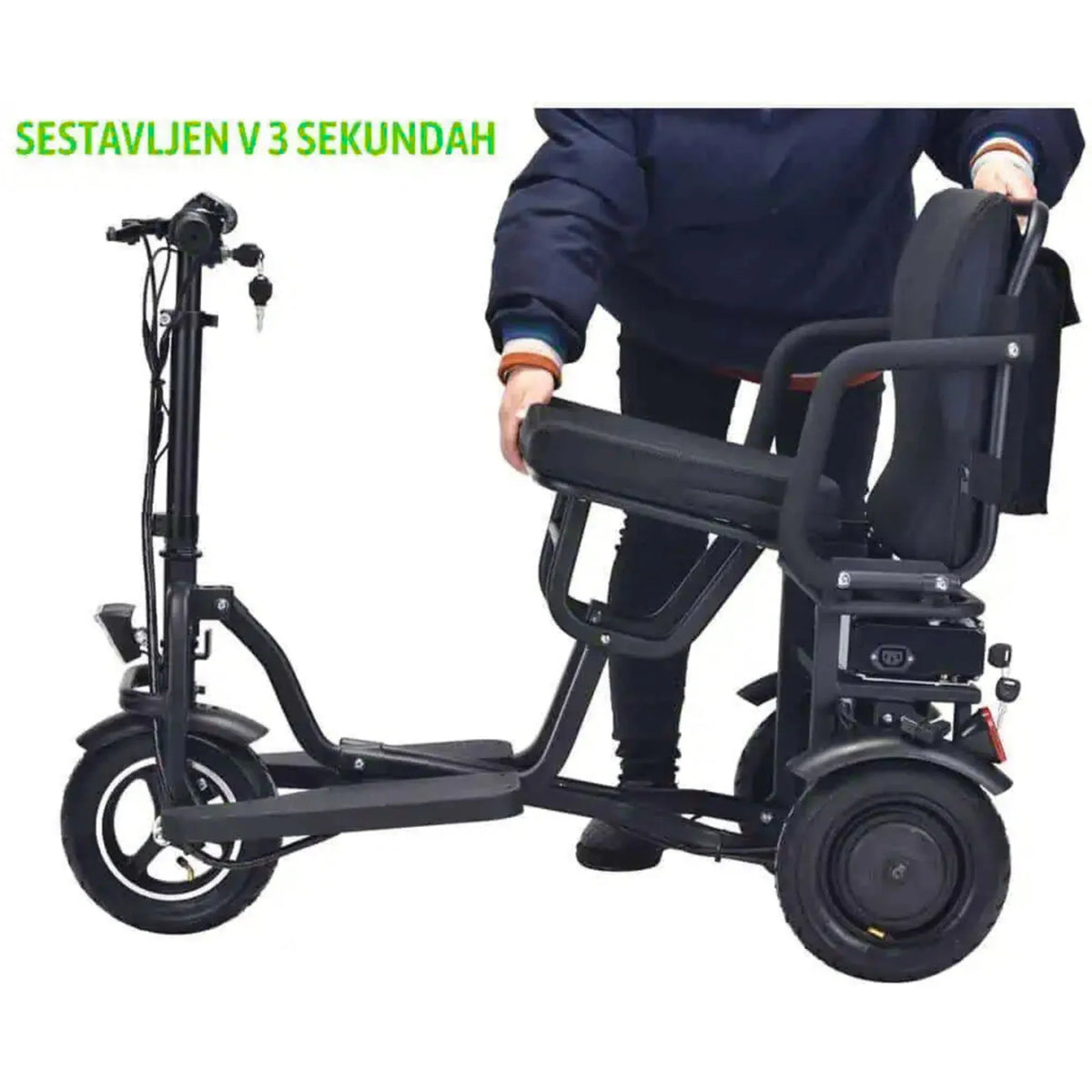 Crni električni mobilni kolica Panter 10, prikaz sklapanja sjedala sa strane