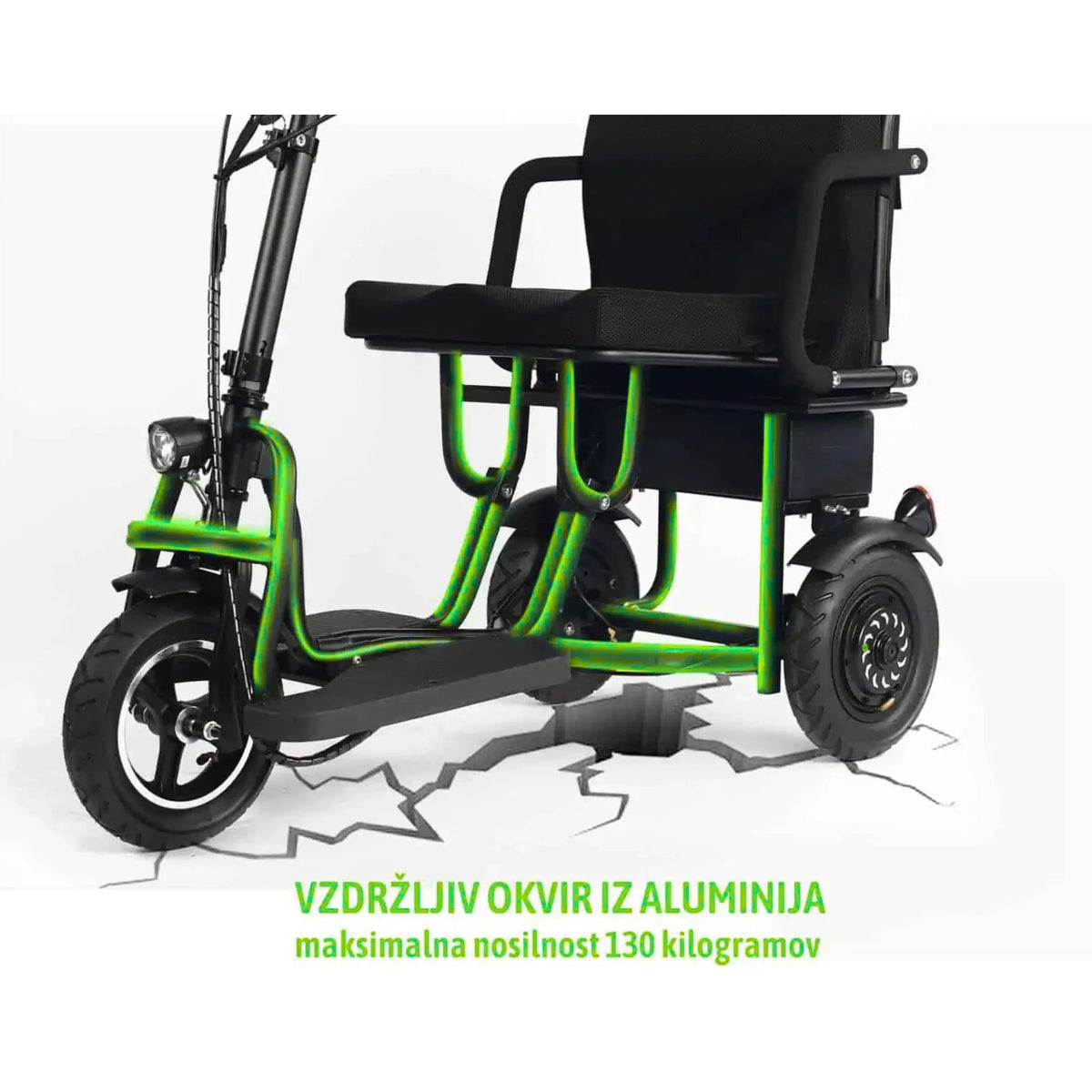 Električni skuter za starije osobe Panter 10 s istaknutim izdržljivim aluminijskim okvirom zelene boje