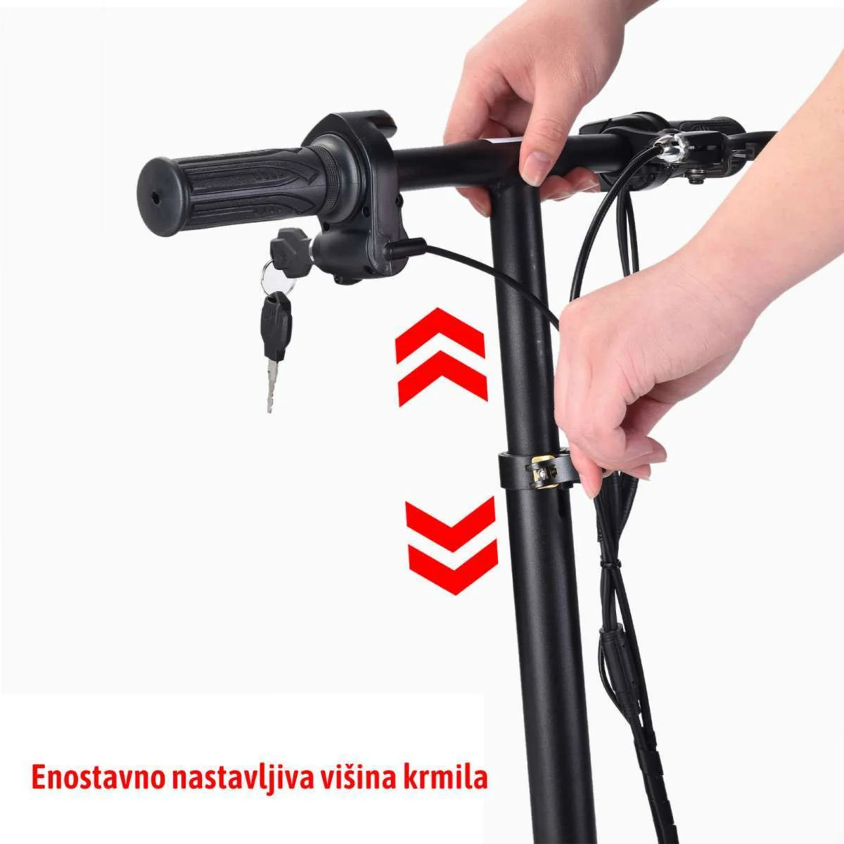 Podešavanje visine upravljača električnog skutera Panter 10 crne boje s ključem za paljenje