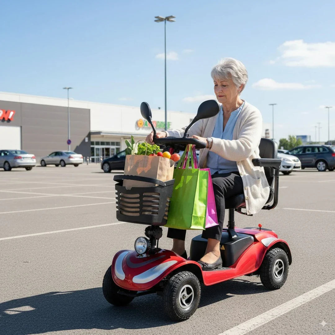 Starija gospođa vozi crveni električni skuter za starije osobe Eco Speed Senior s vrećicama iz trgovine