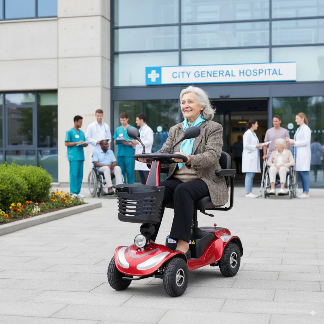 Starija gospođa vozi crveni električni skuter za starije osobe Eco Speed Senior ispred bolnice
