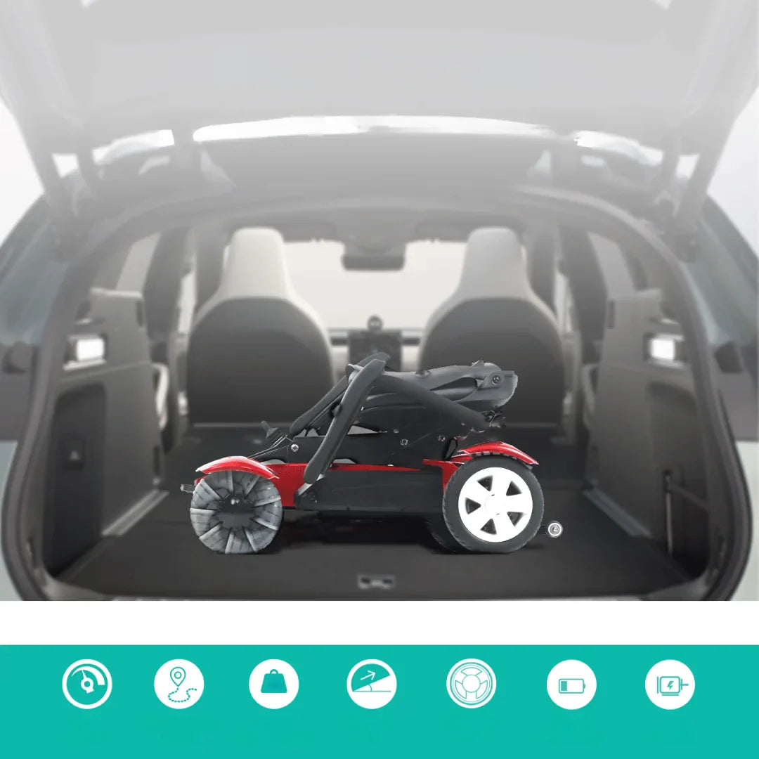 Crveni električni skuter za starije osobe Mijo MD08 sklopljen u prtljažniku automobila, bočni pogled