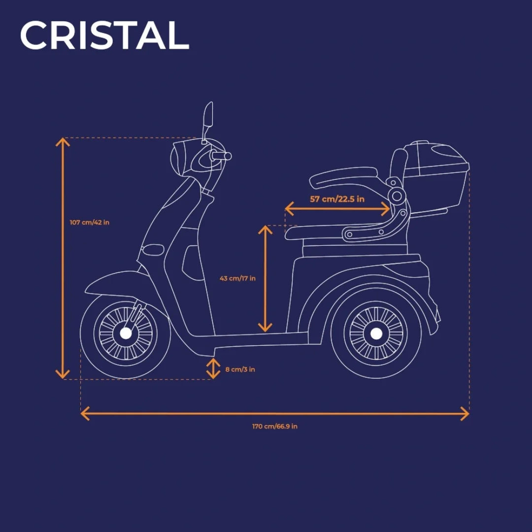 Tehnički nacrt električnog tricikla Veleco Cristal s prikazanim dimenzijama sa strane