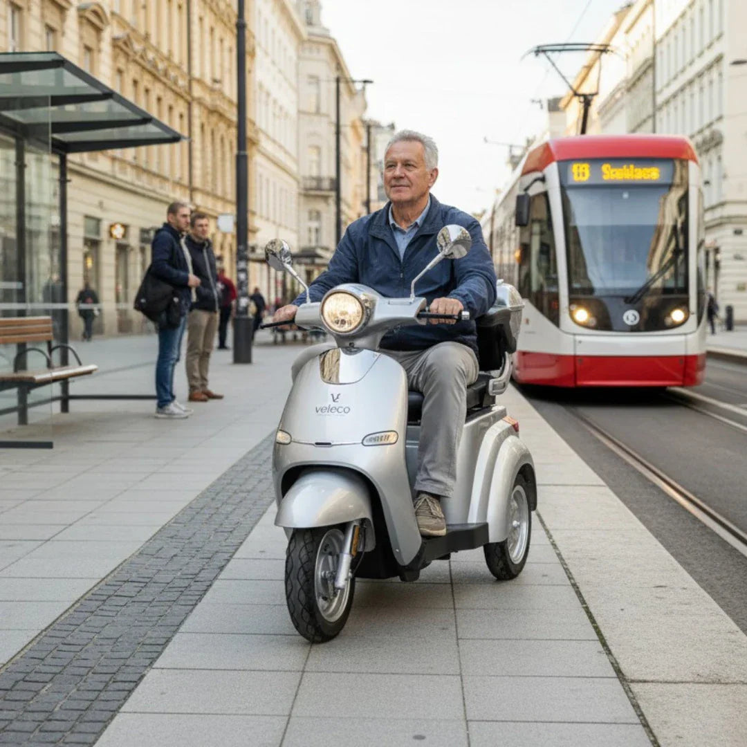 Stariji muškarac vozi srebrni električni skuter za starije osobe Veleco Cristal gradskom ulicom