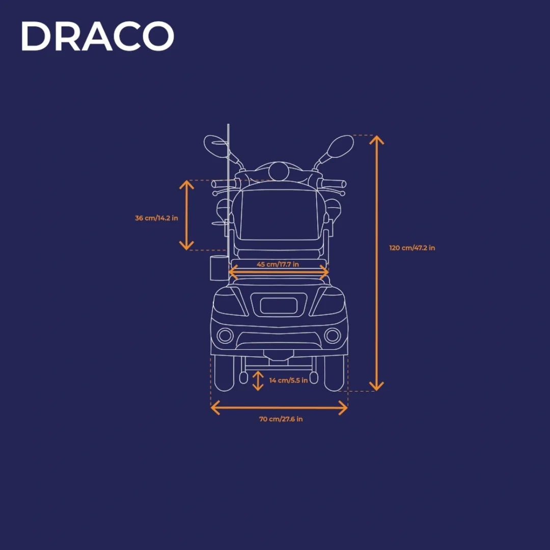 Tehnički nacrt s dimenzijama električnog skutera za starije osobe Veleco Draco prikaz sprijeda